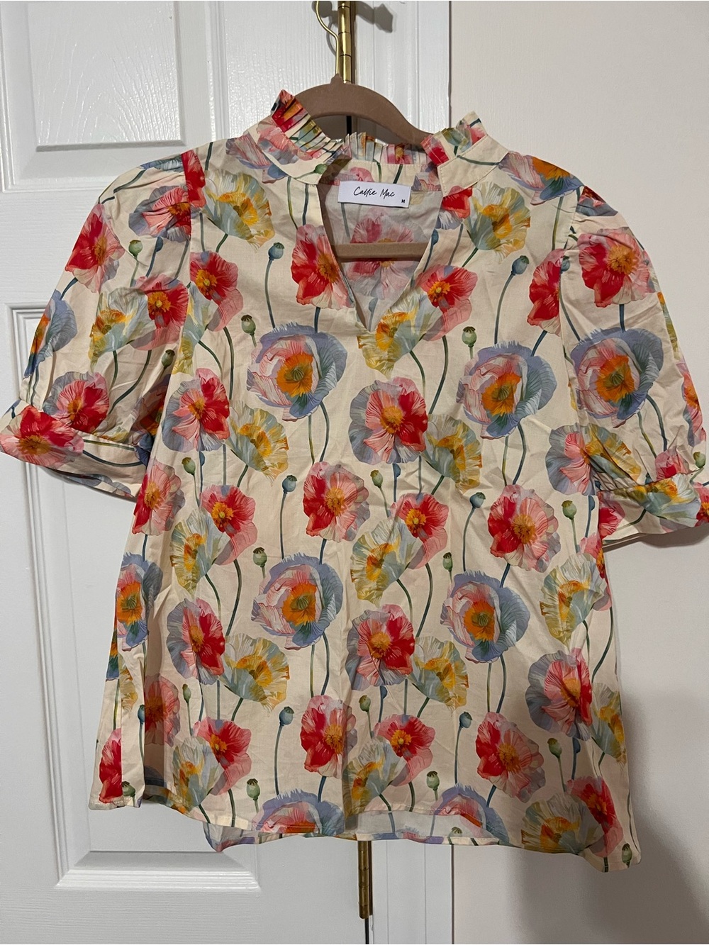 Caitlin Mae Cream Floral Short-Sleeve Ruffle Neck Blouse